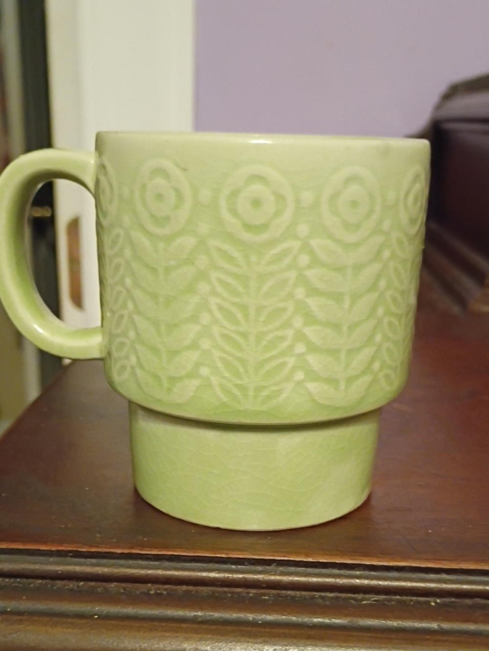 Vintage Japan Ceramic Floral Relief Stackable Mug in Light Green